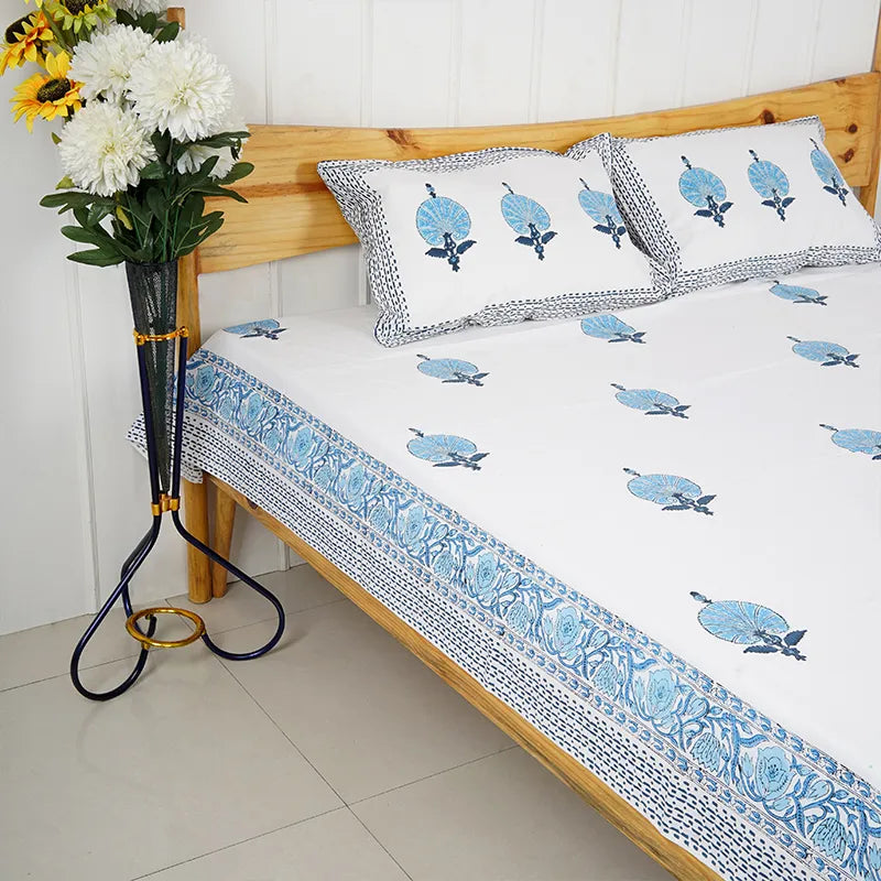 Floral Blue Hand Block Printed Cotton Bedsheet Set