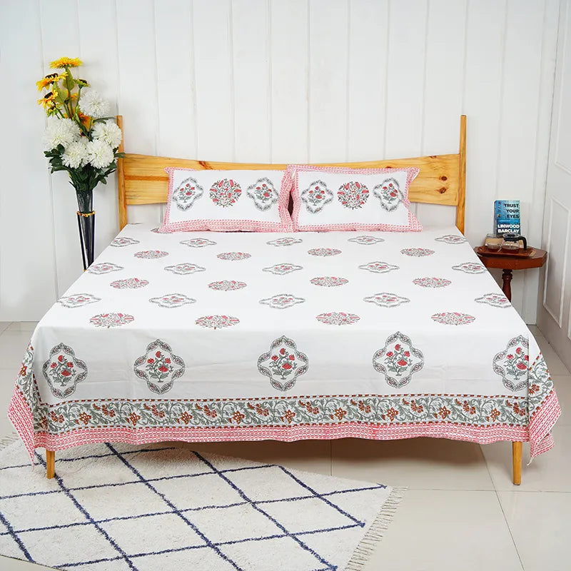 Floral Pink Hand Block Printed Cotton Bedsheet Set