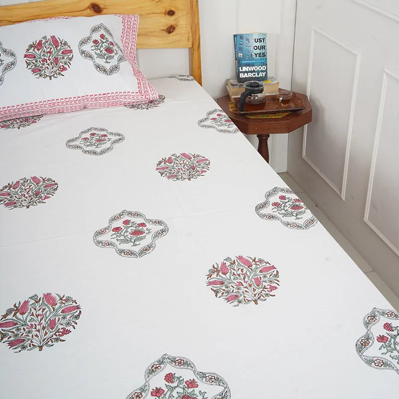 Floral Pink Hand Block Printed Cotton Bedsheet Set