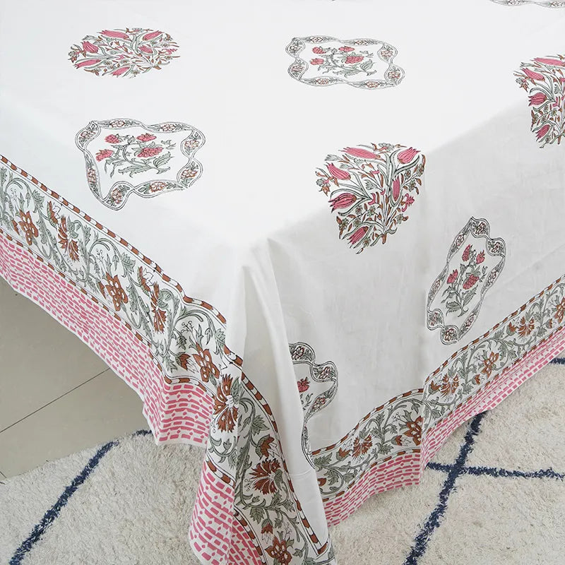 Floral Pink Hand Block Printed Cotton Bedsheet Set