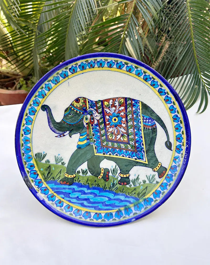 Hand Painted Hathi - Blue Pottery Decorative Platter