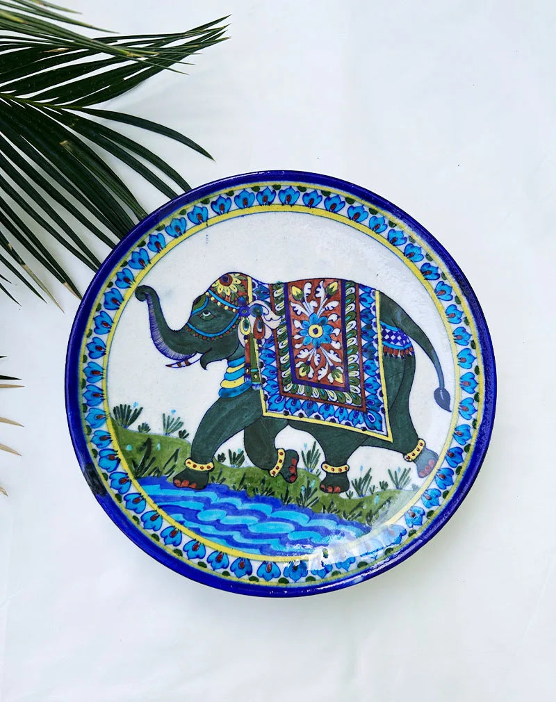 Hand Painted Hathi - Blue Pottery Decorative Platter