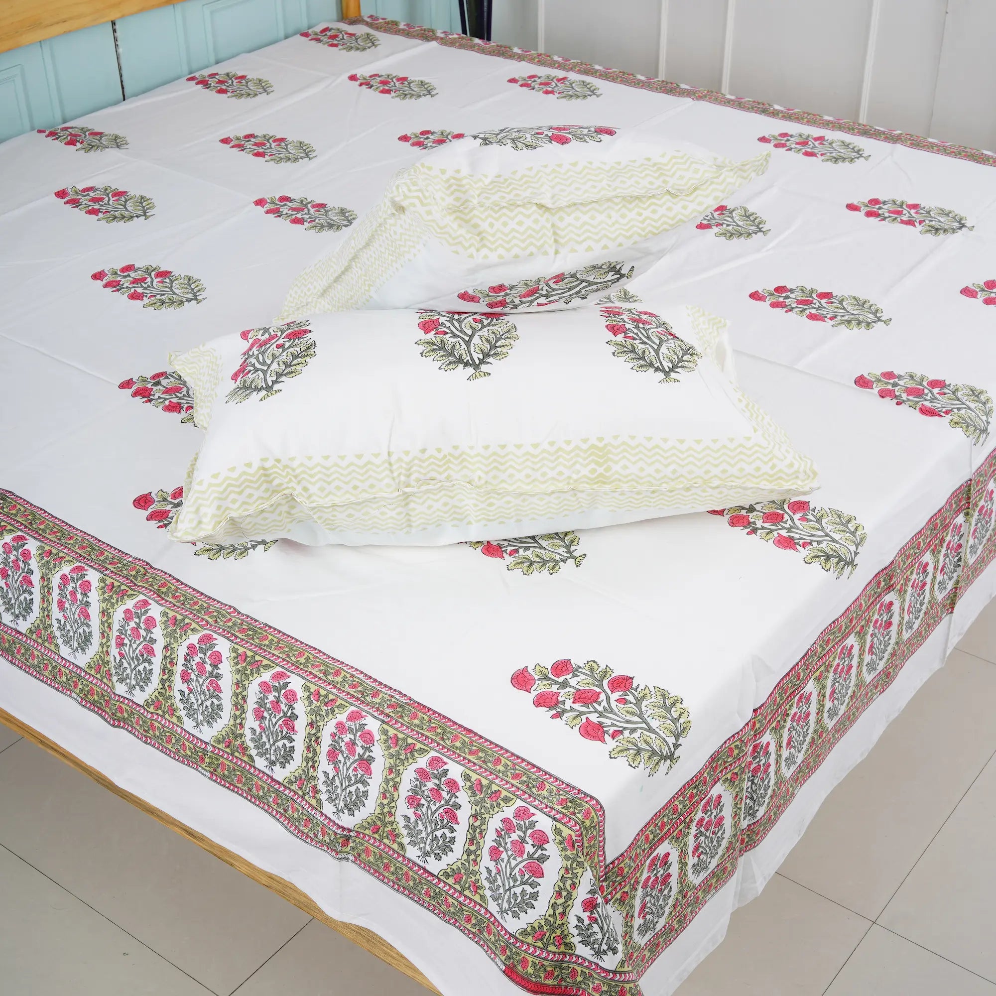 Red Flower Hand Block Cotton Bedsheet Set