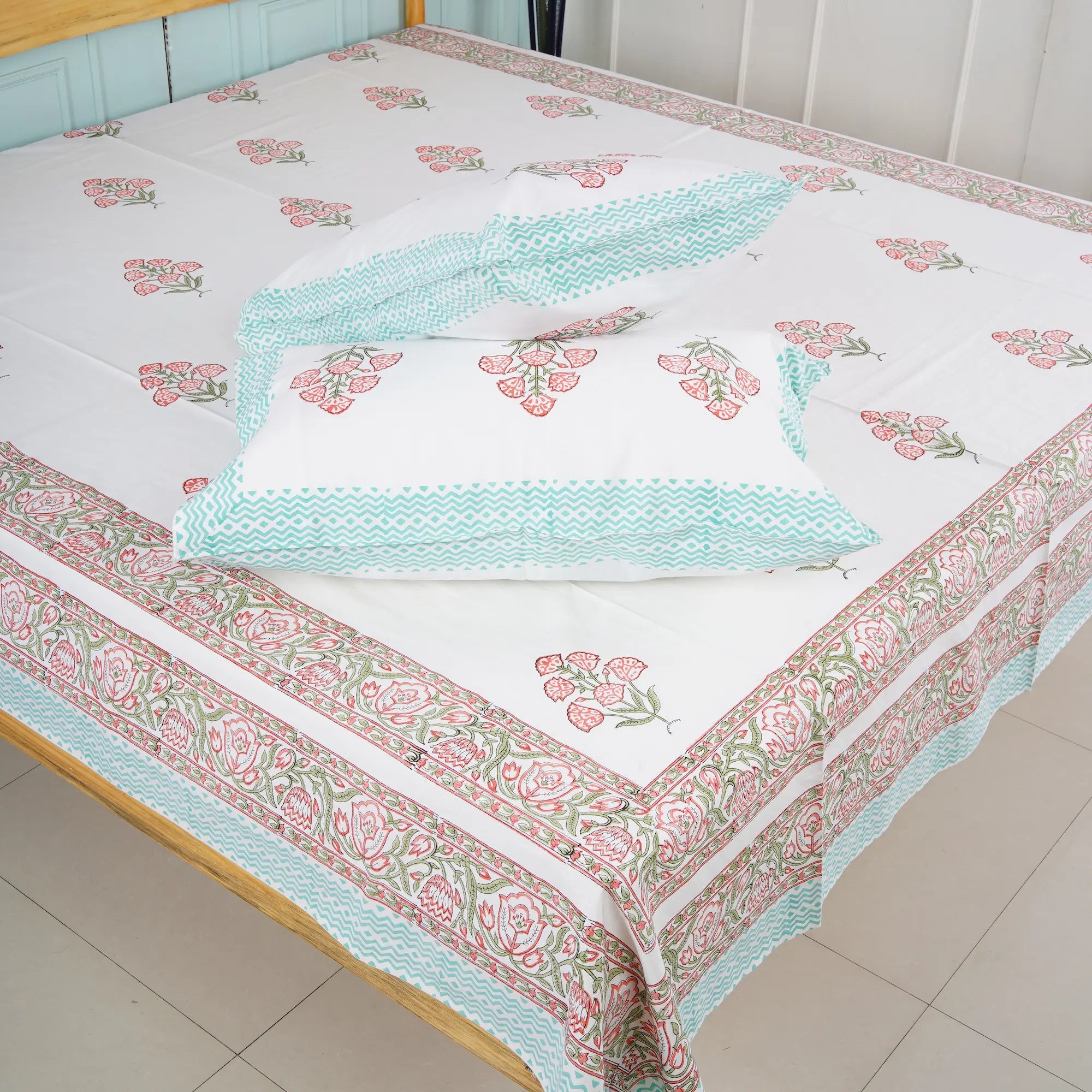 Six Flower Hand Block Cotton Bedsheet Set