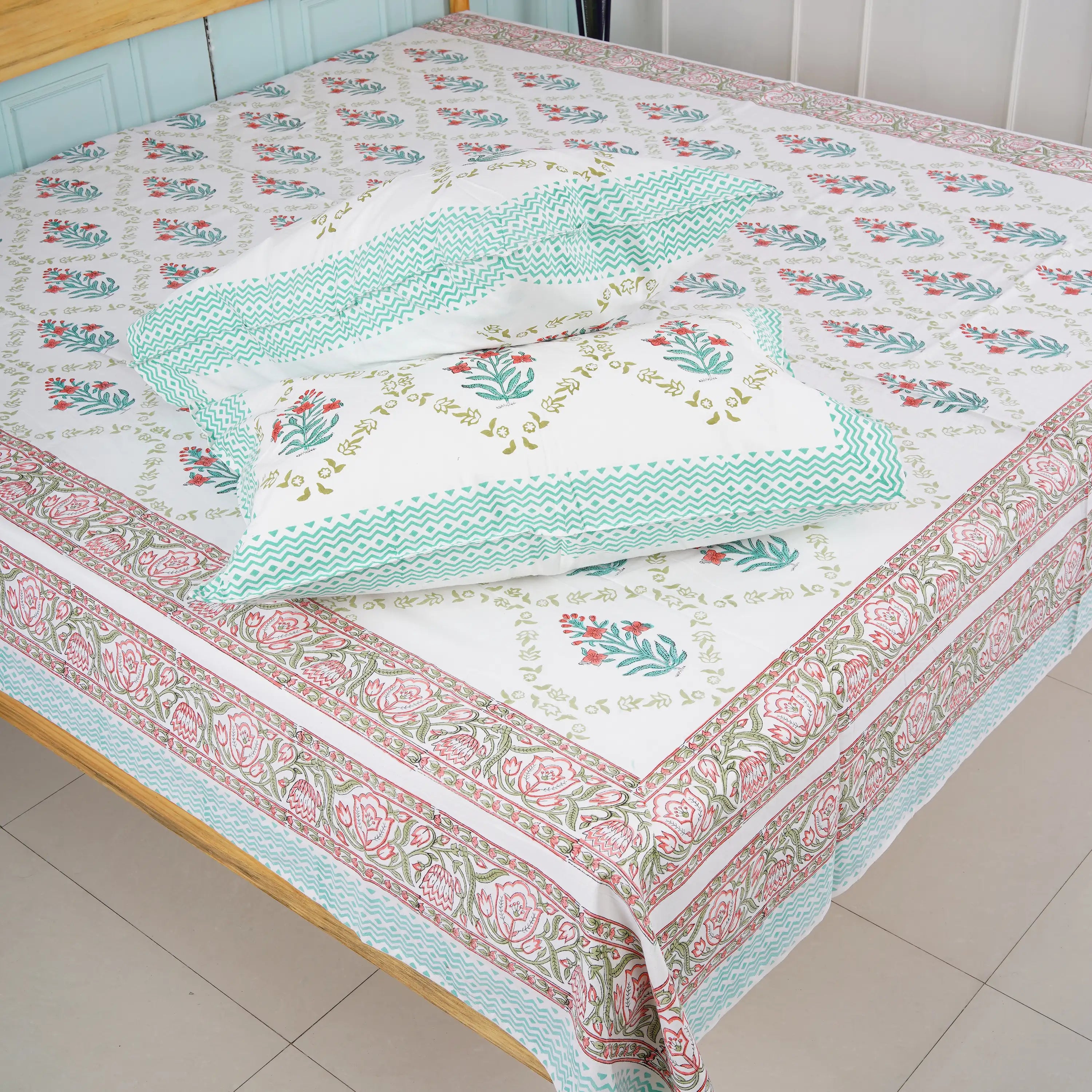 Flowers in Jaal Hand Block Cotton Bedsheet Set