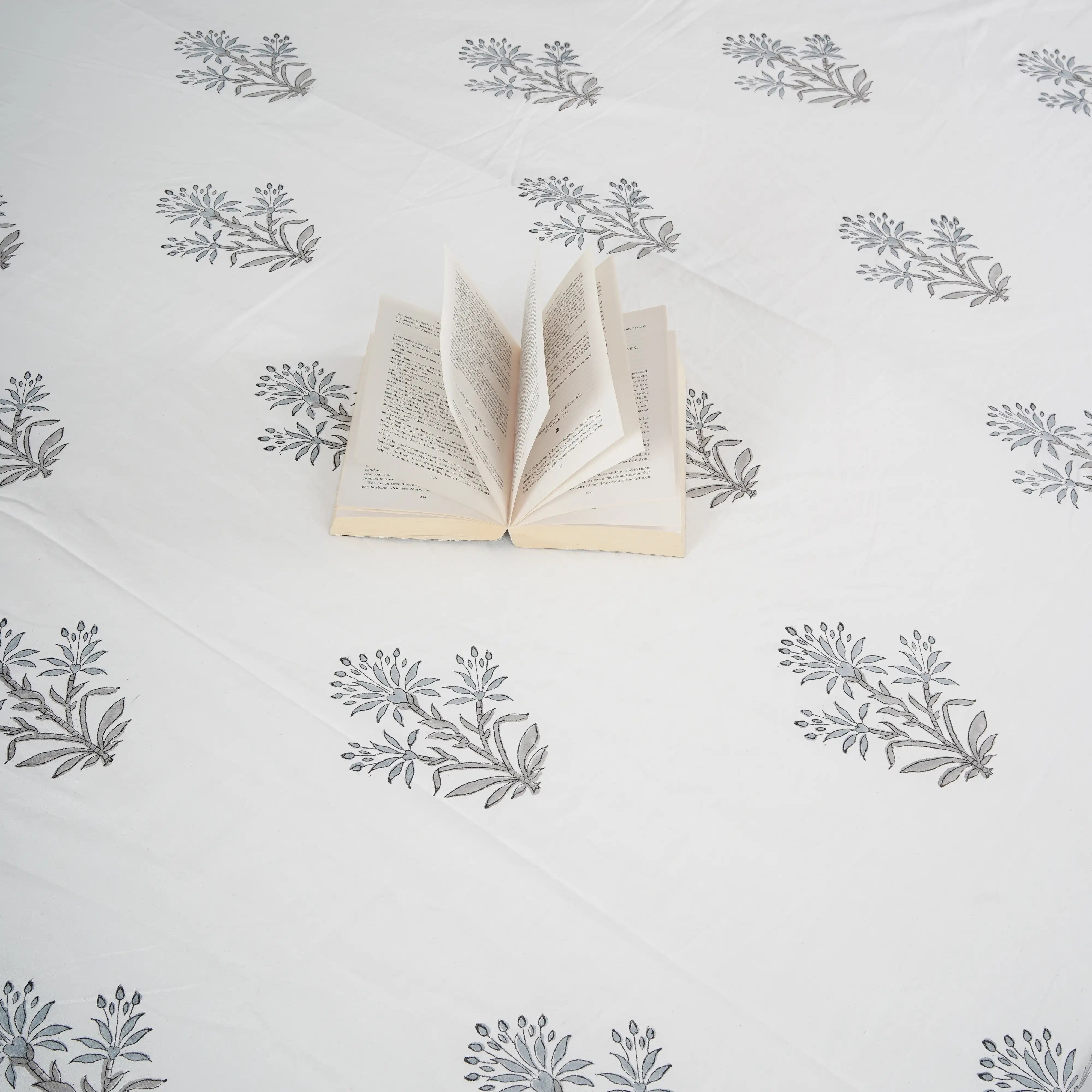 Gray Plant Hand Block Cotton Bedsheet Set