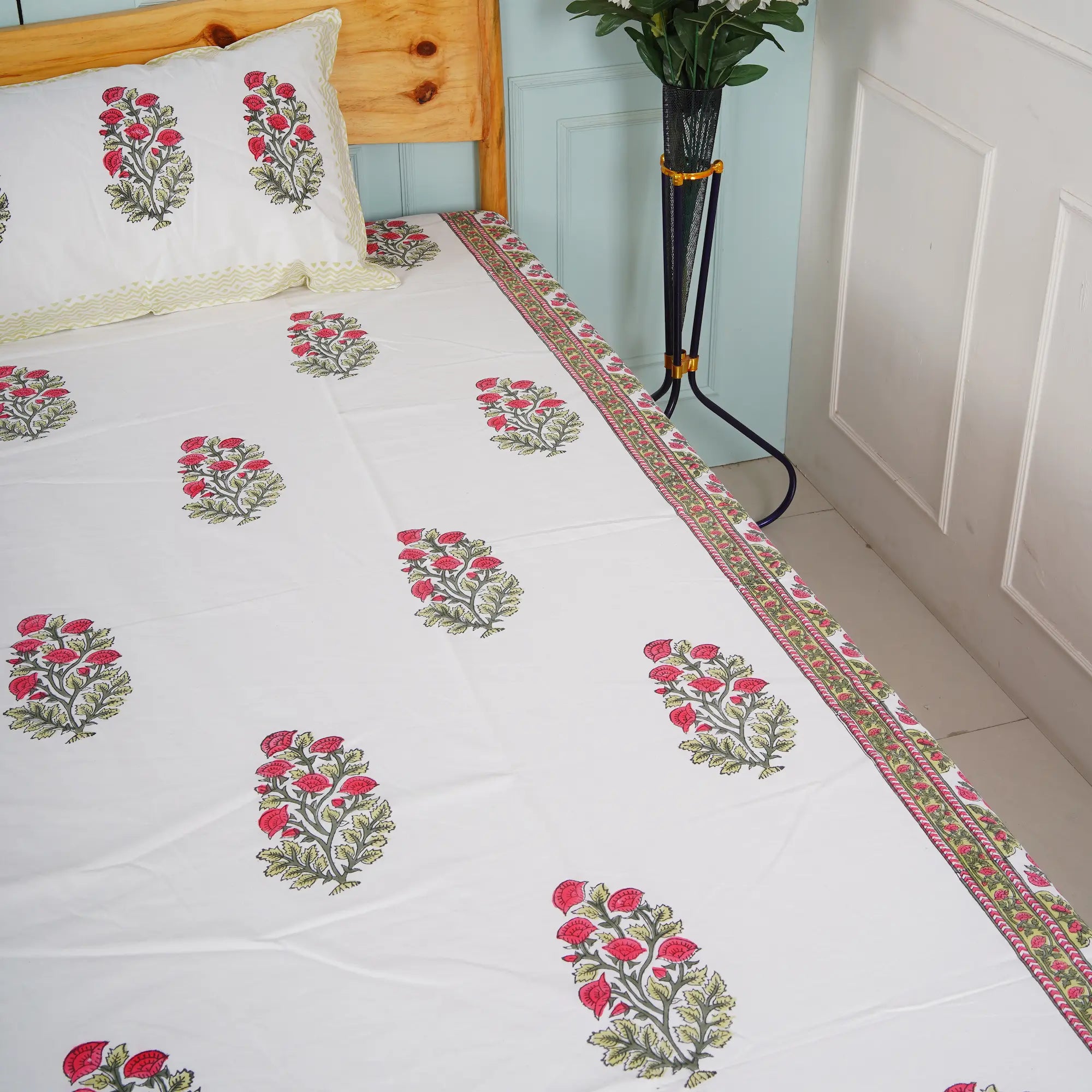 Red Flower Hand Block Cotton Bedsheet Set
