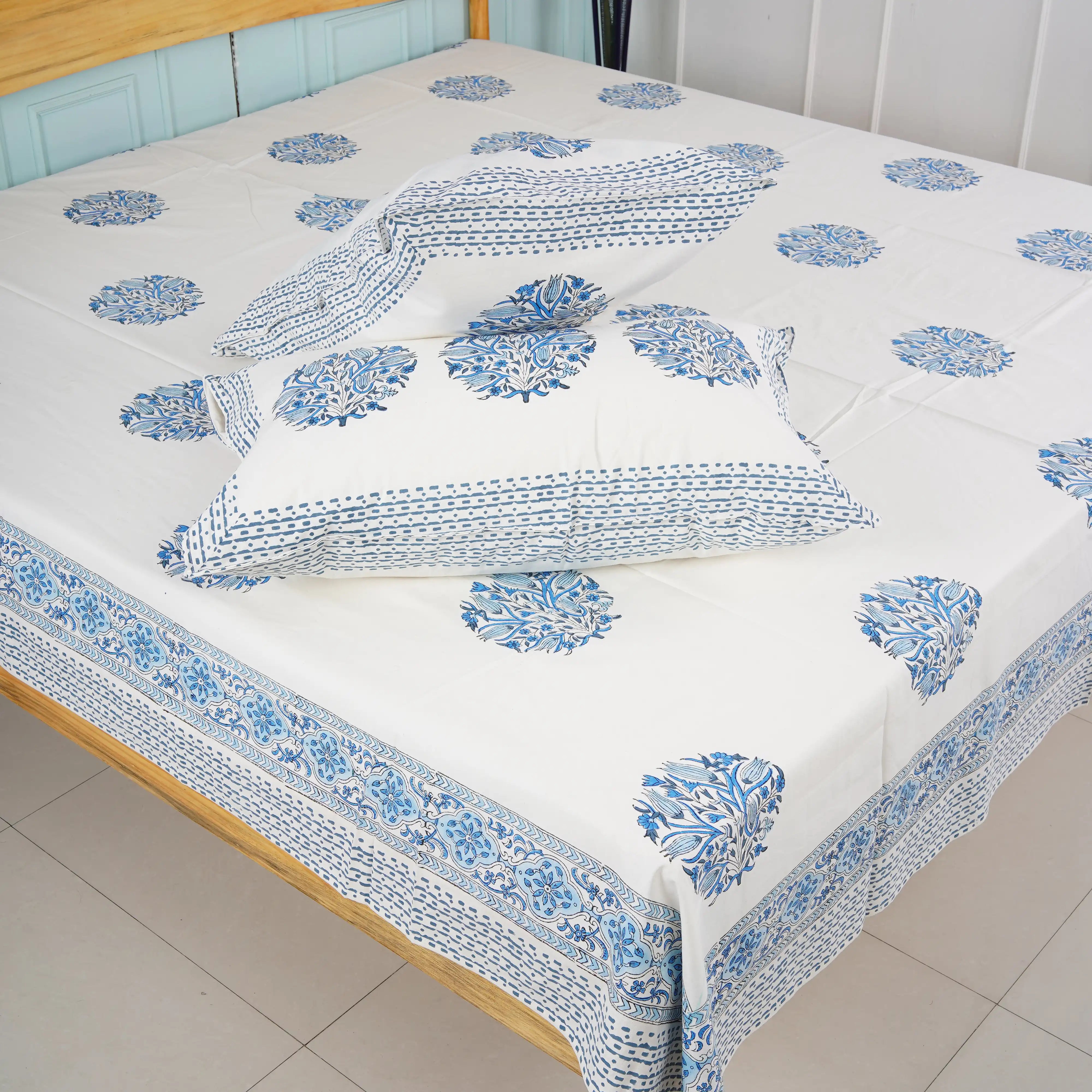 Blue Motif Hand Block Cotton Bedsheet Set
