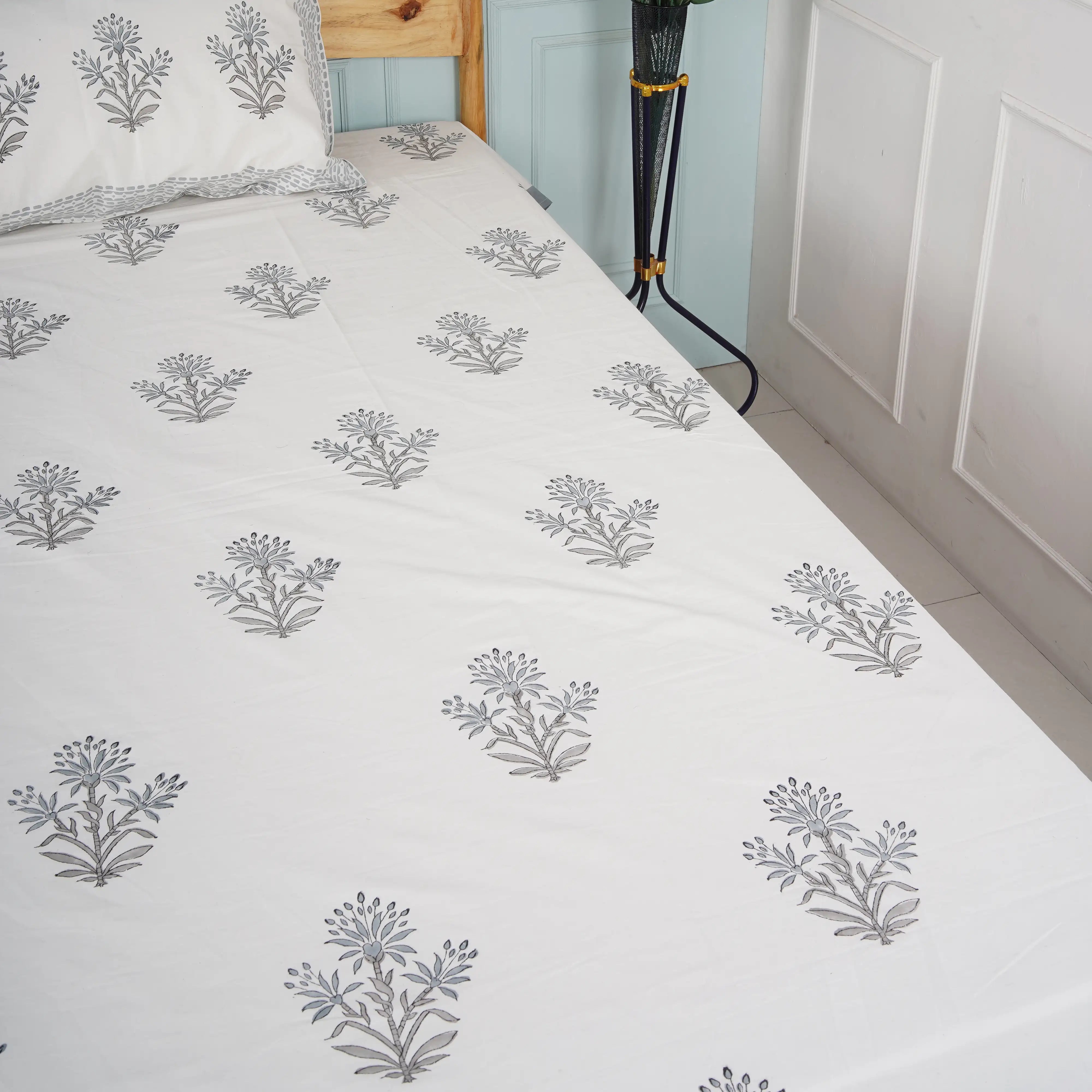 Gray Plant Hand Block Cotton Bedsheet Set
