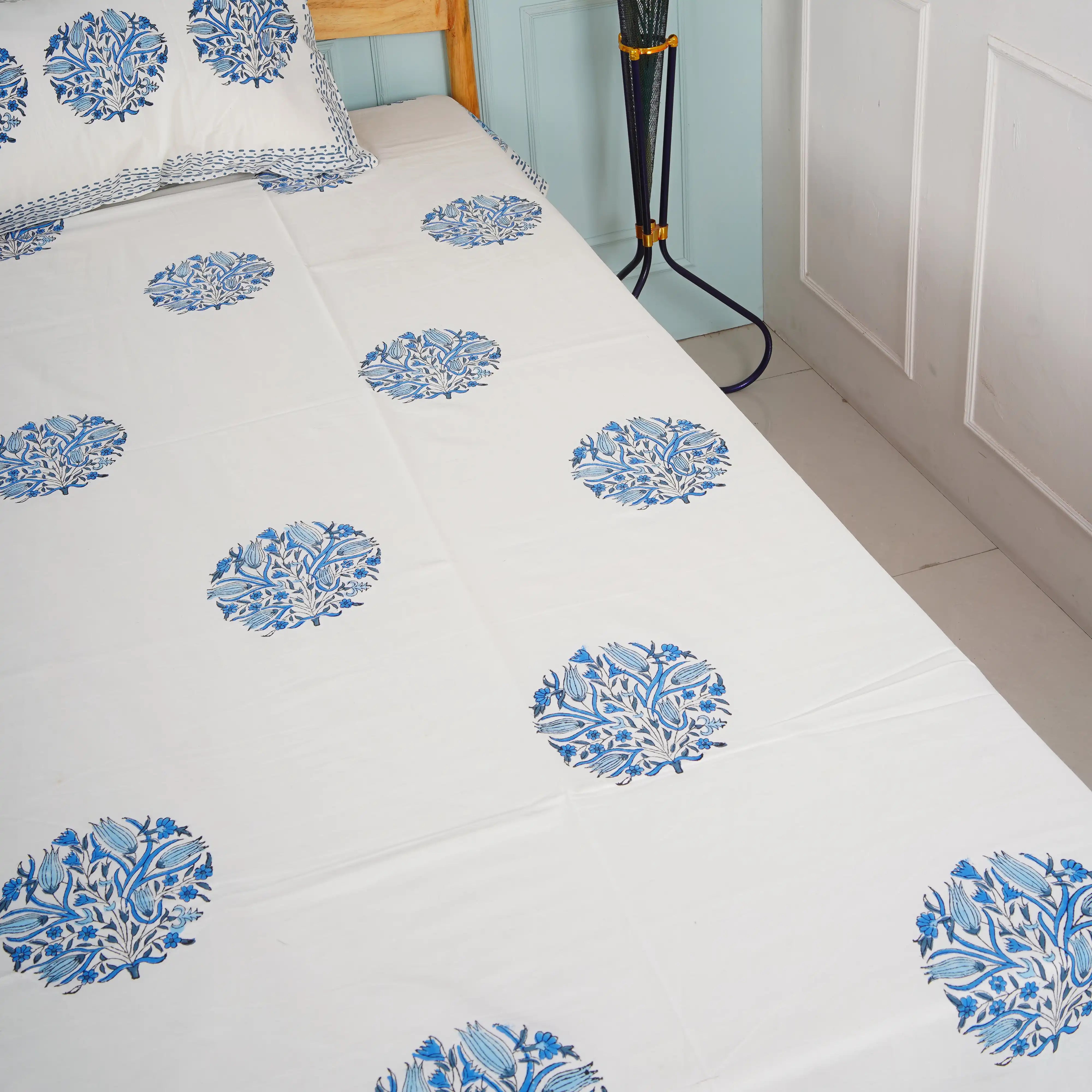Blue Motif Hand Block Cotton Bedsheet Set
