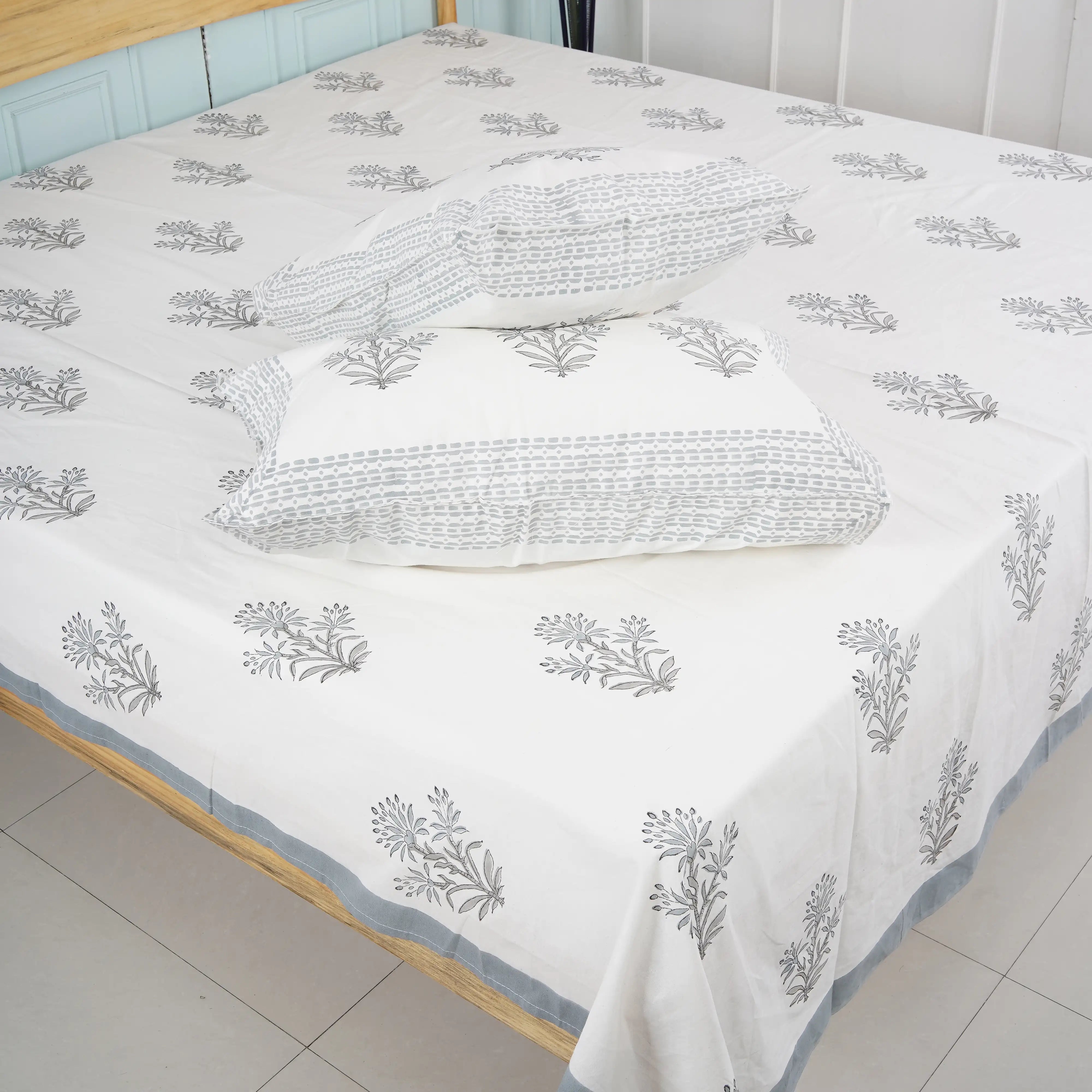 Gray Plant Hand Block Cotton Bedsheet Set