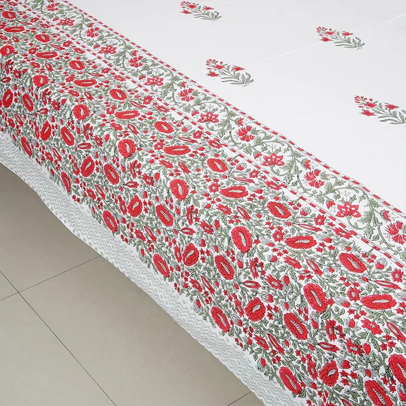 Red Valley Hand Block Printed Cotton Bedsheet Set