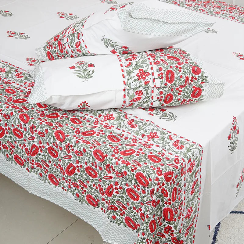 Red Valley Hand Block Printed Cotton Bedsheet Set