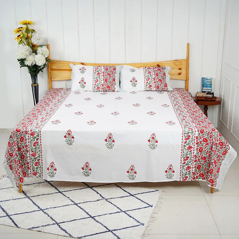 Red Valley Hand Block Printed Cotton Bedsheet Set