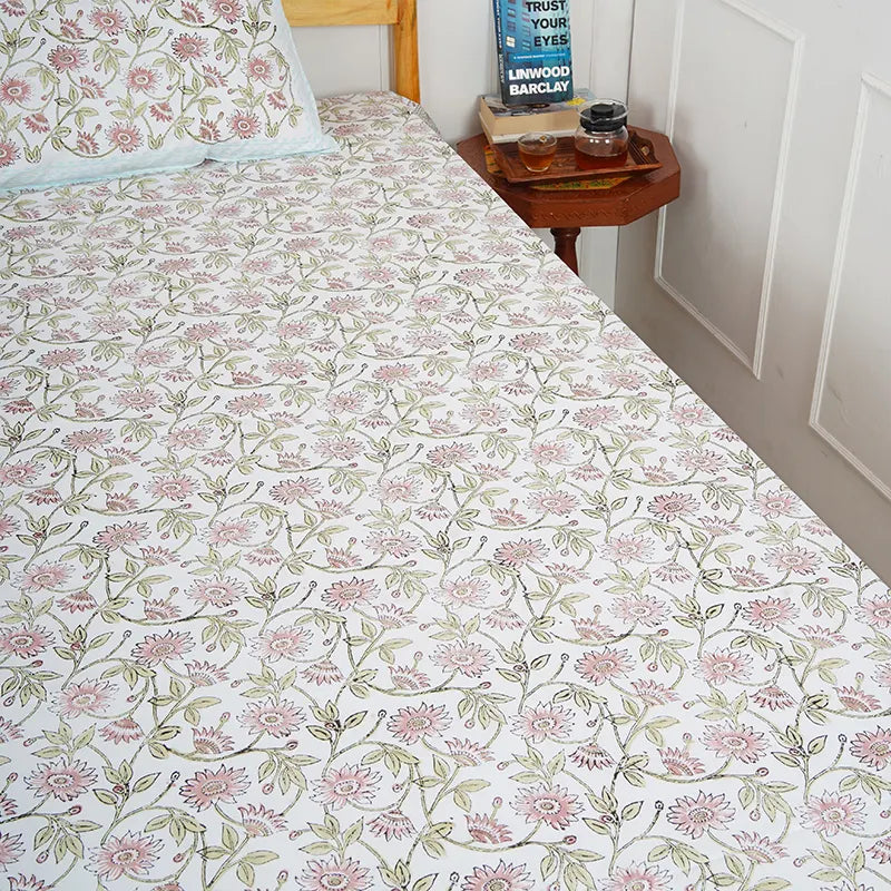 SunFlower Hand Block Printed Cotton Bedsheet Set