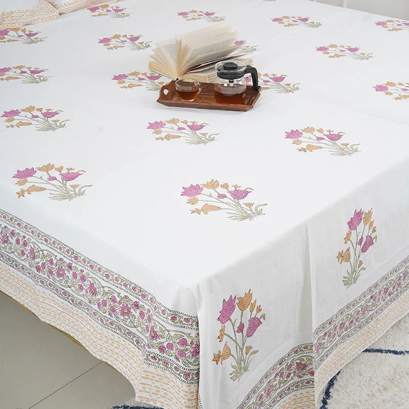 White Valley Hand Block Printed Cotton Bedsheet Set