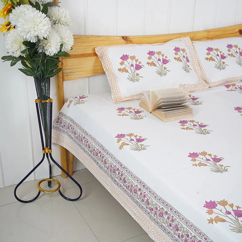 White Valley Hand Block Printed Cotton Bedsheet Set