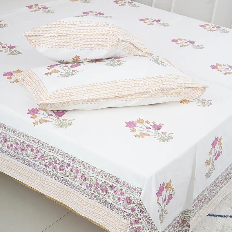 White Valley Hand Block Printed Cotton Bedsheet Set
