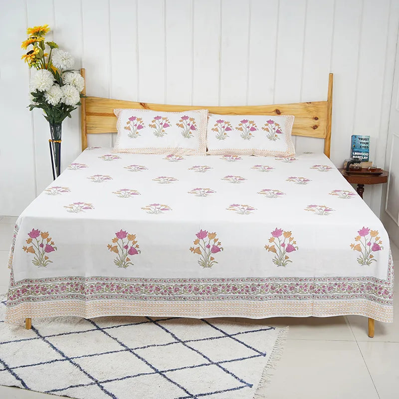 White Valley Hand Block Printed Cotton Bedsheet Set