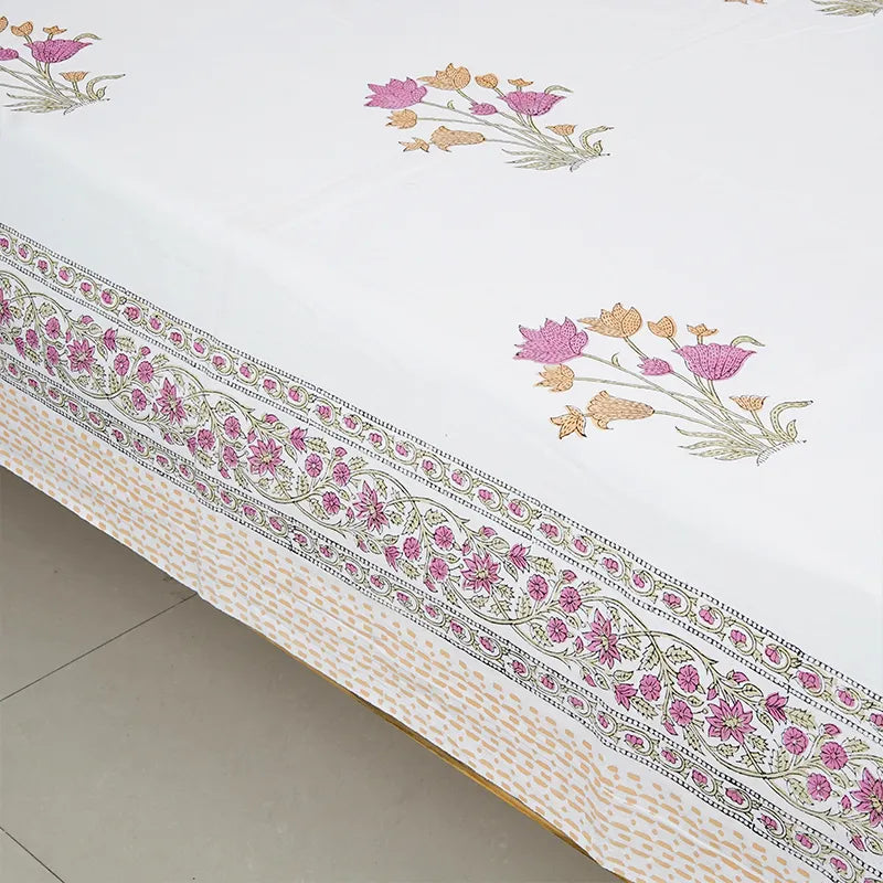 White Valley Hand Block Printed Cotton Bedsheet Set