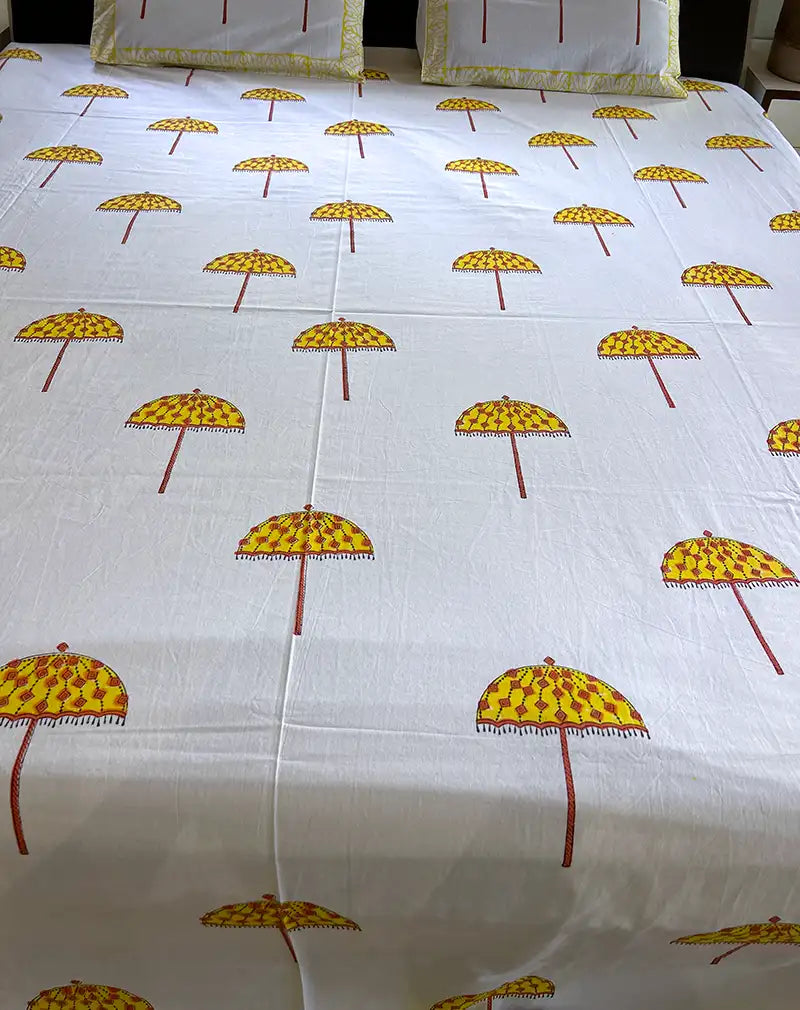 Umbrella Hand Block Printed Cotton Bedsheet