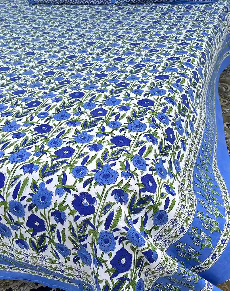 Blue Flower Hand Block Printed Cotton Bedsheet