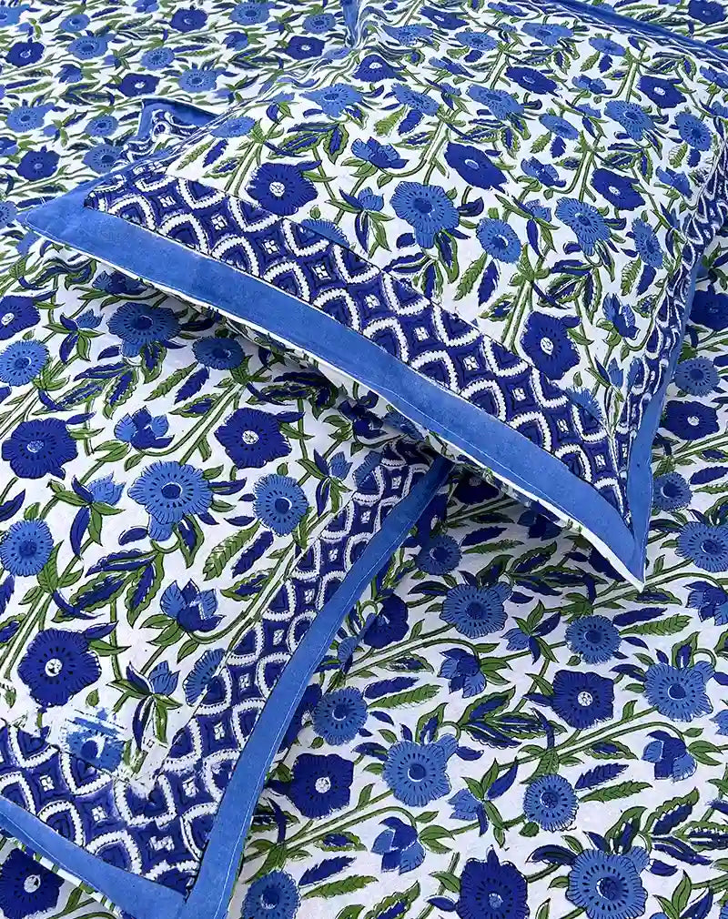 Blue Flower Hand Block Printed Cotton Bedsheet