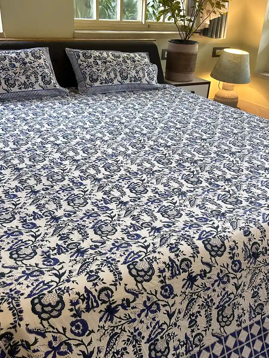 Blue Ivory Hand Block Printed Cotton Bedsheet