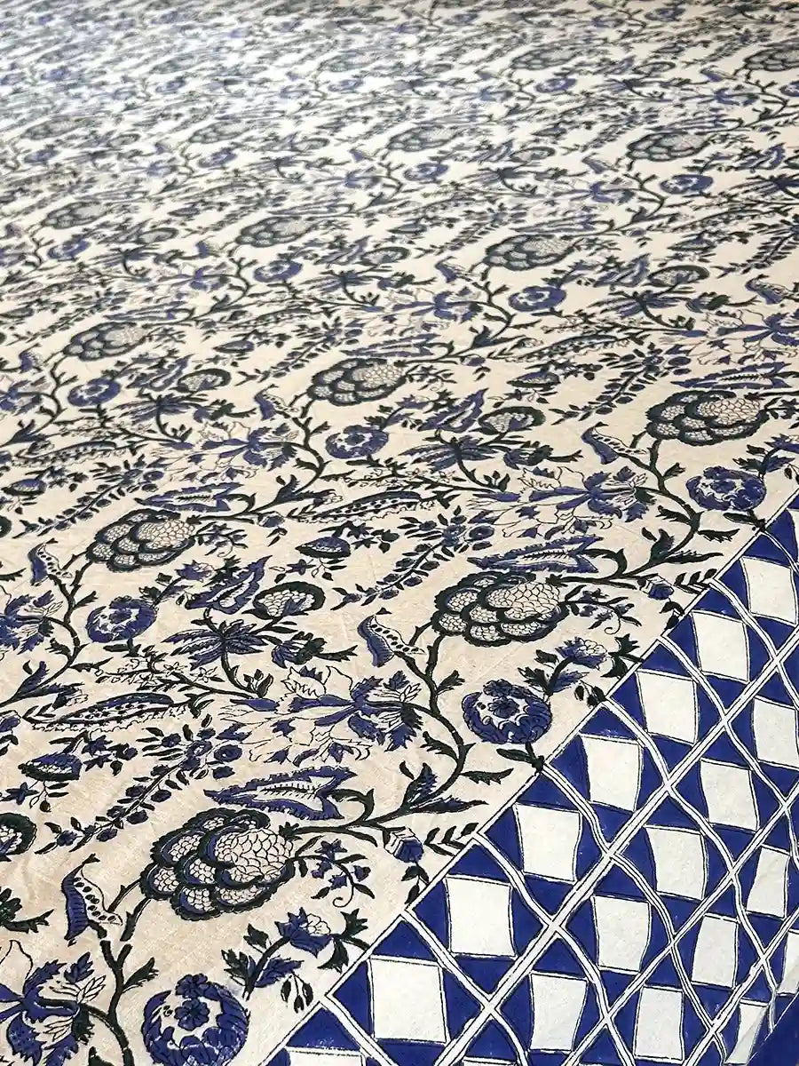 Blue Ivory Hand Block Printed Cotton Bedsheet