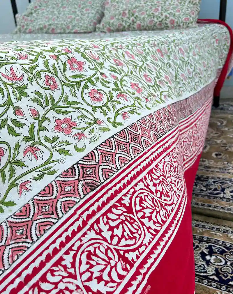 Green and Red Hand Block Printed Cotton Bedsheet