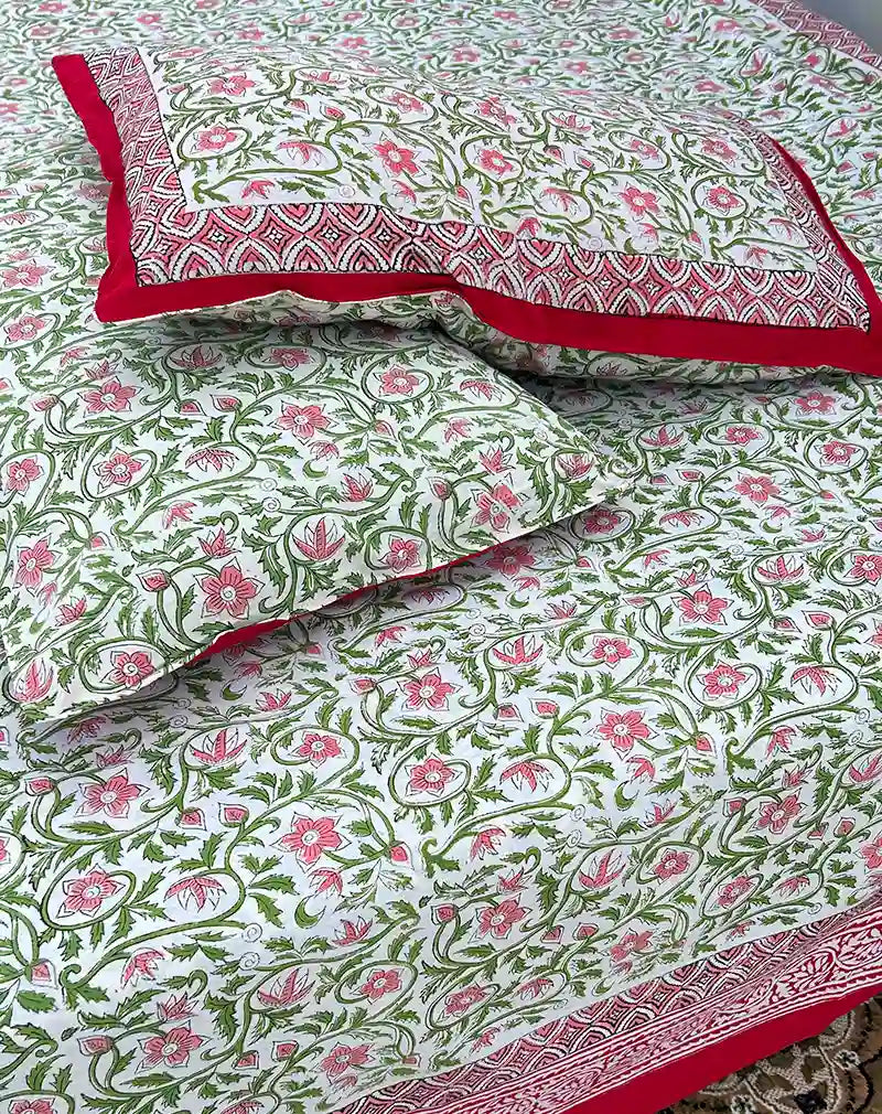 Green and Red Hand Block Printed Cotton Bedsheet