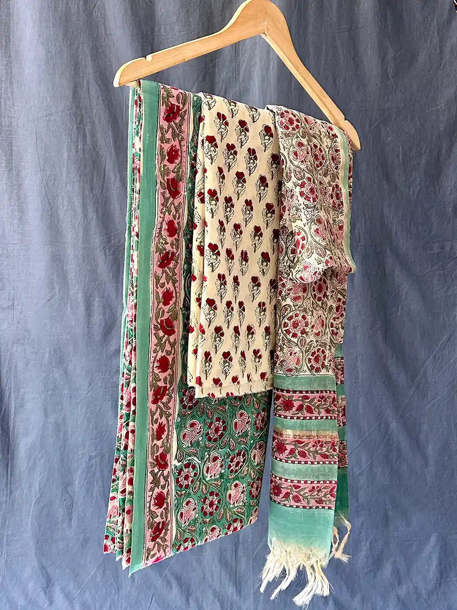 Hand Block Cotton Suit Set With Chanderi Silk Dupatta, Ferni