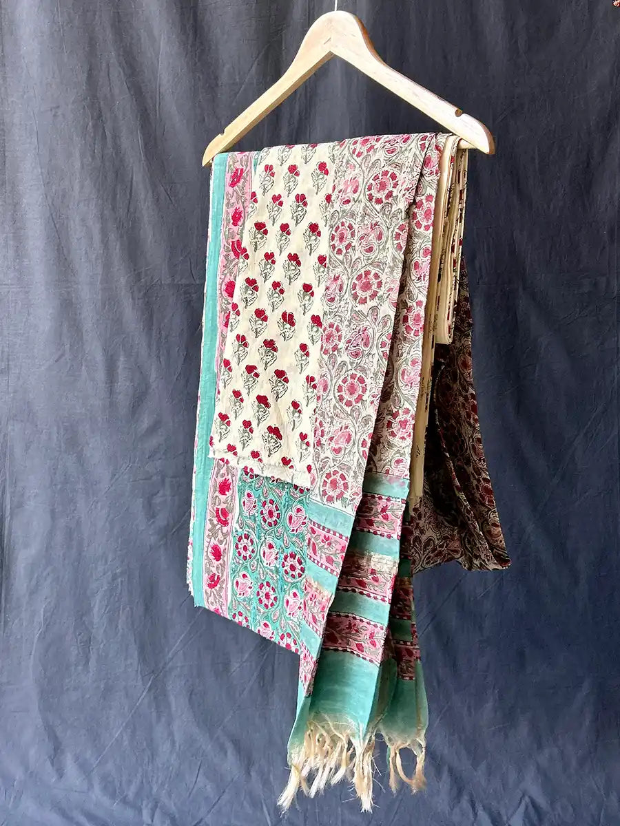 Hand Block Cotton Suit Set With Chanderi Silk Dupatta, Ferni