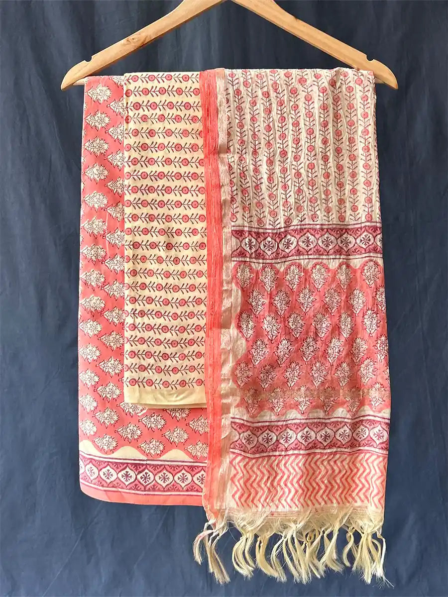 Hand Block Cotton Suit Set With Chanderi Silk Dupatta, Zinnia