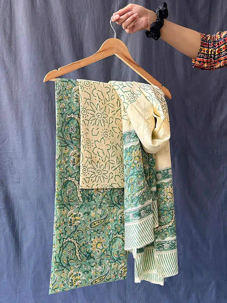Hand Block Cotton Suit Set With Mulmul Dupatta, Orchid