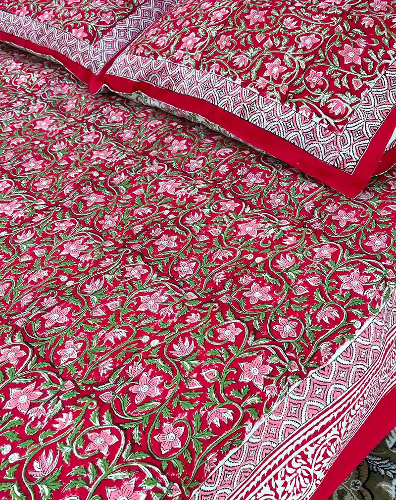Laal Jaal Hand Block Printed Cotton Bedsheet