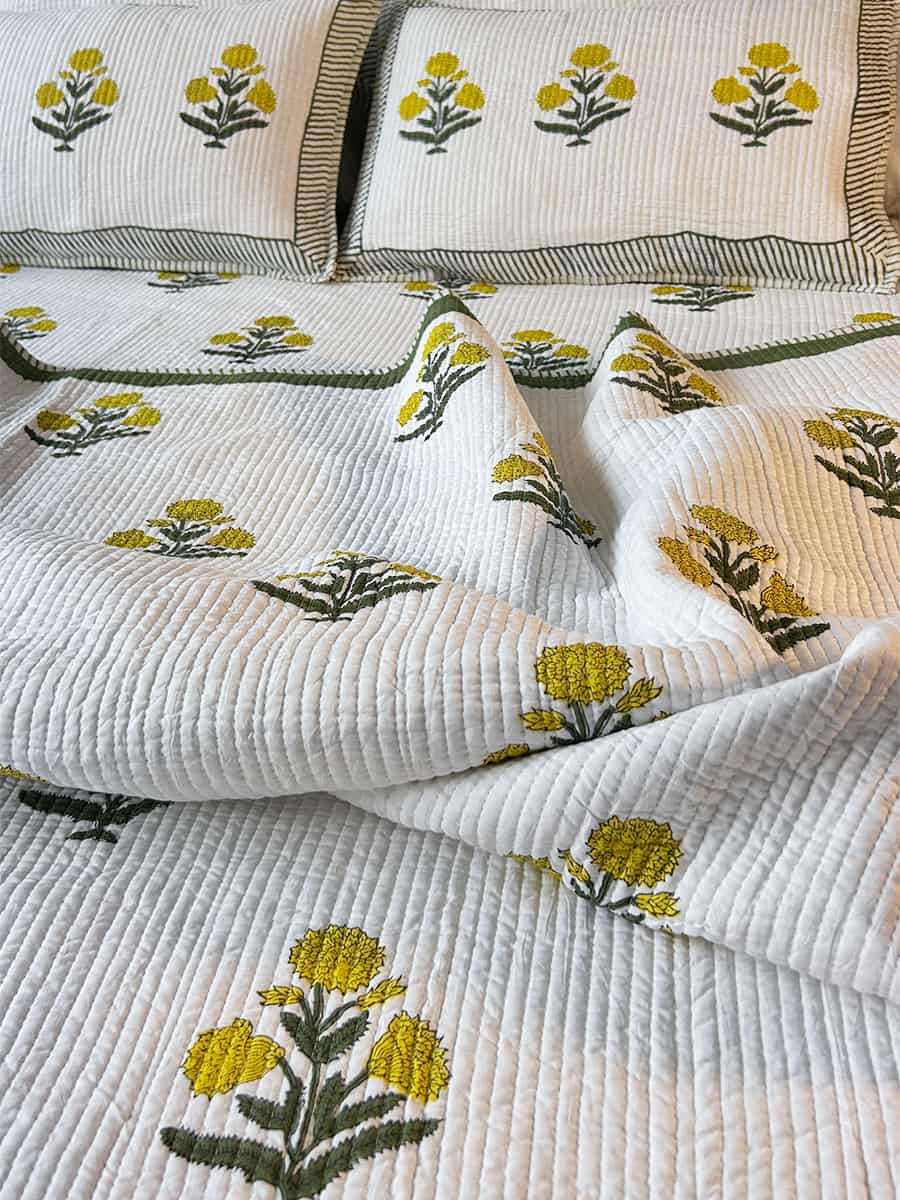 Organic Mulmul Cotton Quilted Bed Spread - Marigold