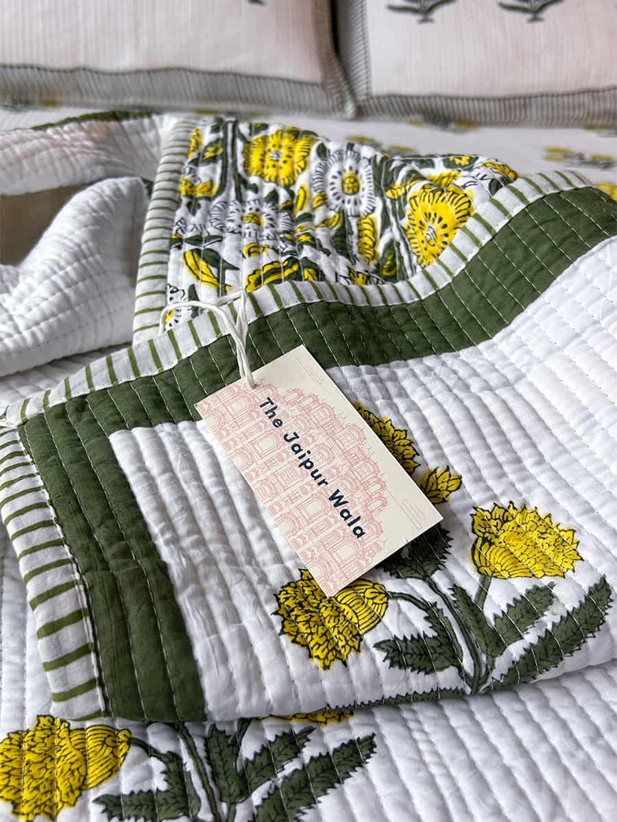 Organic Mulmul Cotton Quilted Bed Spread - Marigold