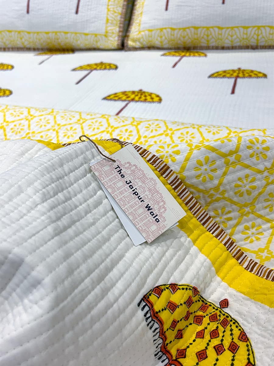 Organic Mulmul Cotton Quilted Bed Spread - Yellow Umbrella