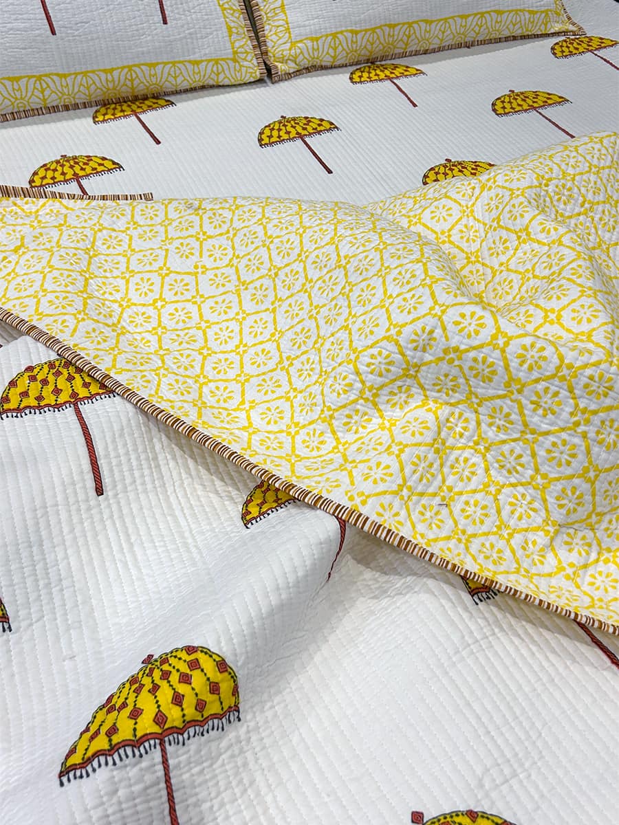 Organic Mulmul Cotton Quilted Bed Spread - Yellow Umbrella