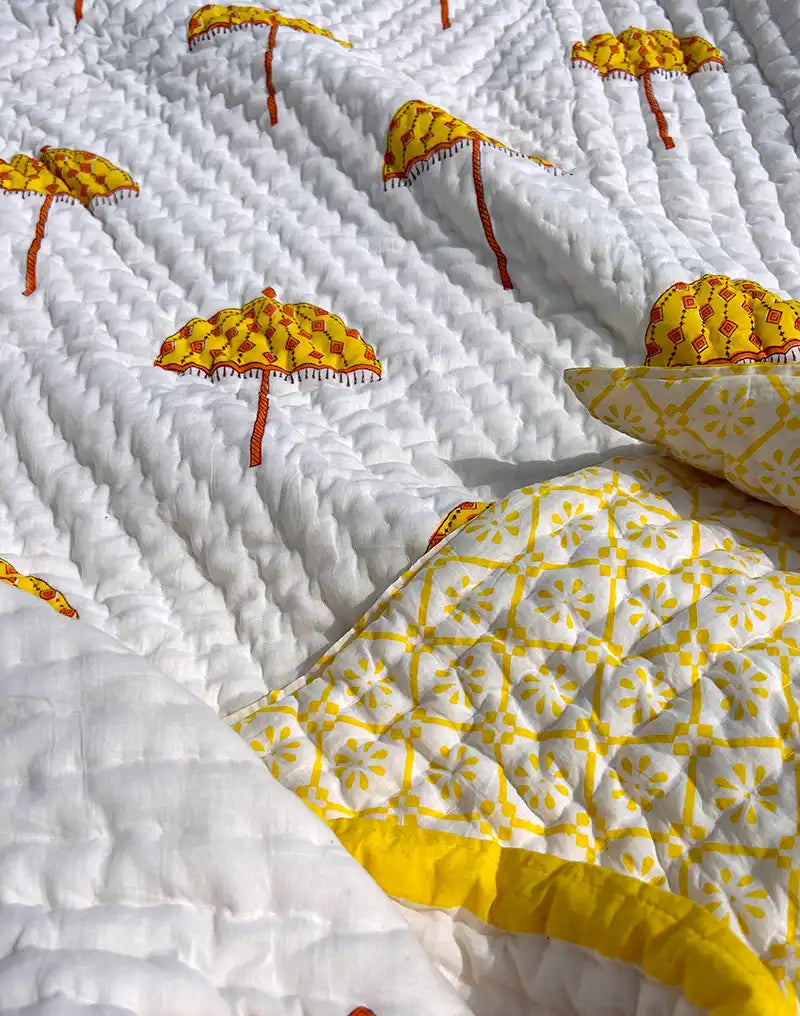 Organic Mulmul Cotton Quilt - Yellow Umbrella