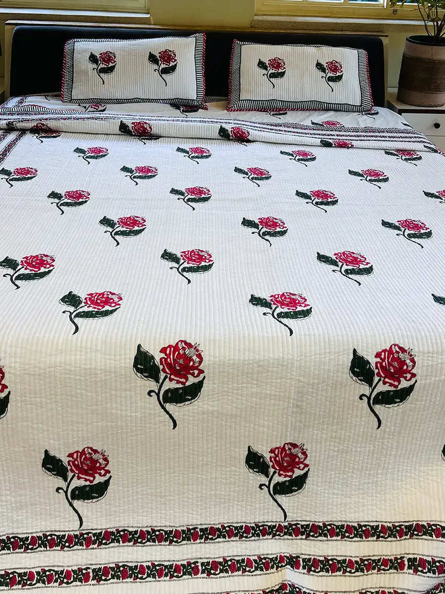 Organic Mulmul Cotton Quilted Bed Spread - Rose