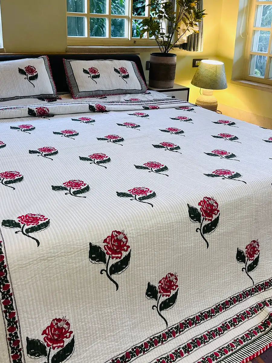 Organic Mulmul Cotton Quilted Bed Spread - Rose