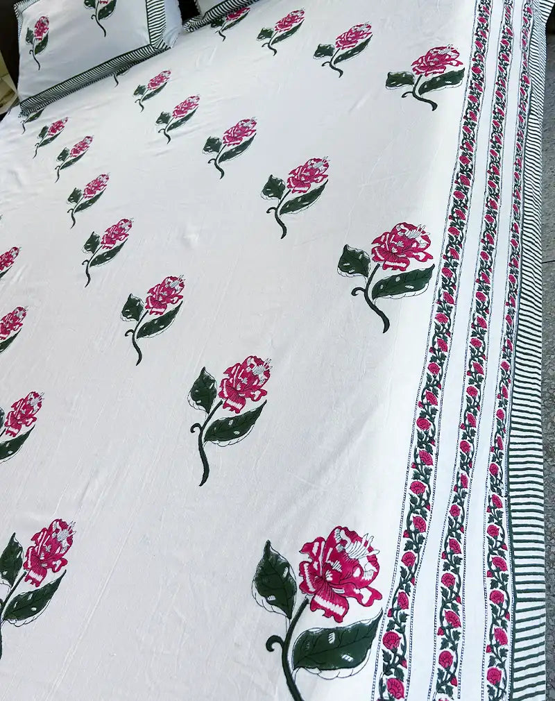 Rose Hand Block Printed Cotton Bedsheet