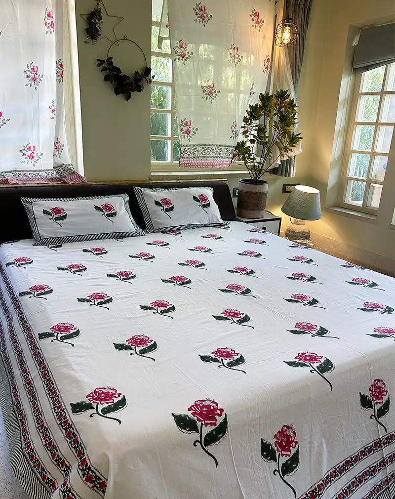 Rose Hand Block Printed Cotton Bedsheet