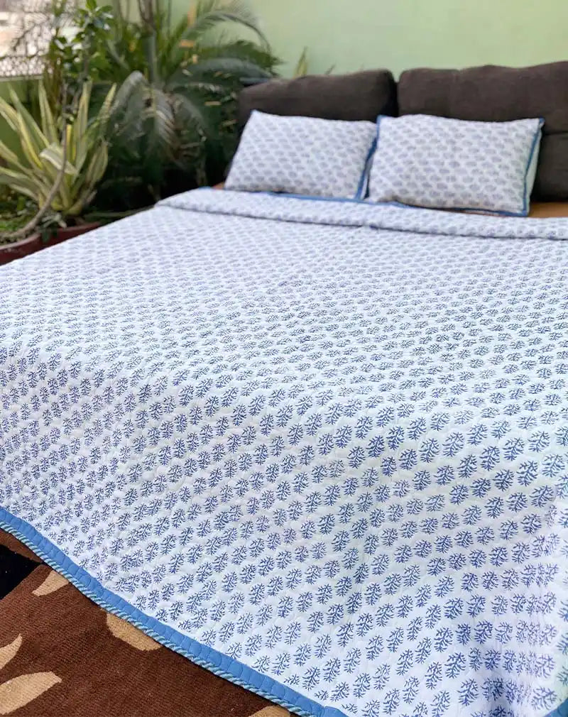 Blue Herb Hand Block Quilted Cotton Bedcover