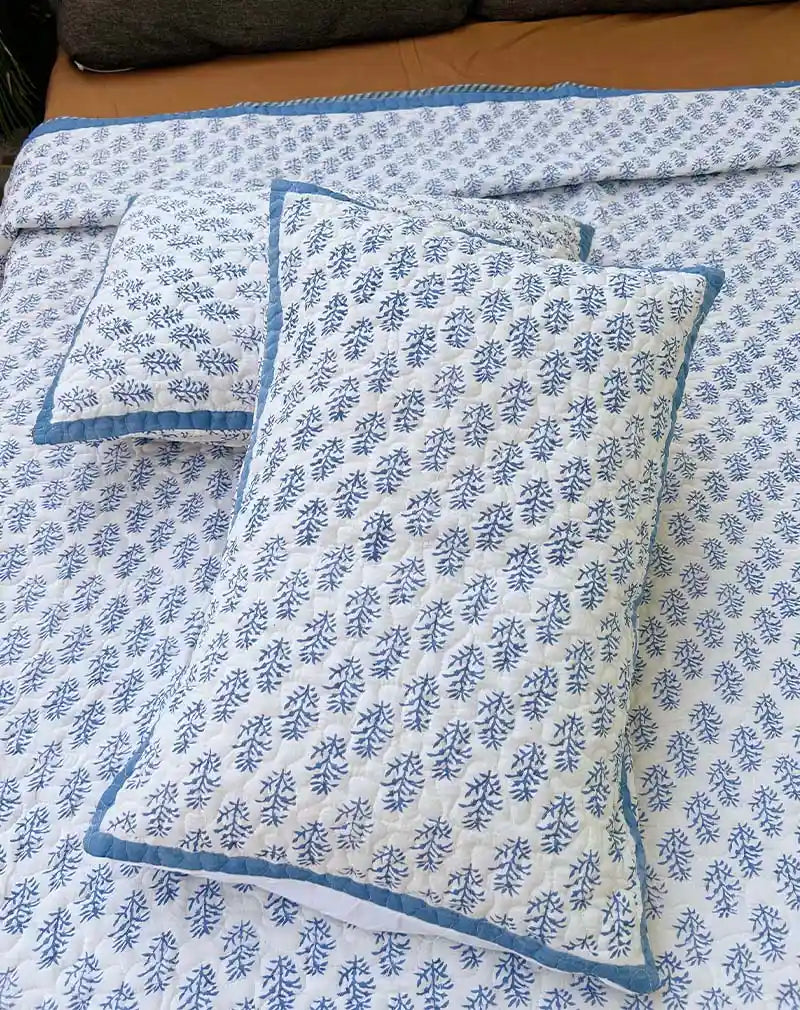Blue Herb Hand Block Quilted Cotton Bedcover