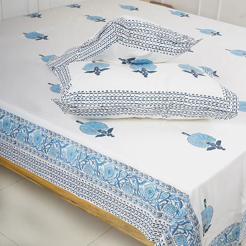 Floral Blue Hand Block Printed Cotton Bedsheet Set