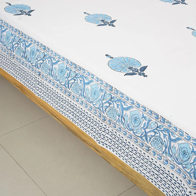 Floral Blue Hand Block Printed Cotton Bedsheet Set