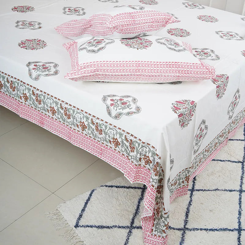 Floral Pink Hand Block Printed Cotton Bedsheet Set